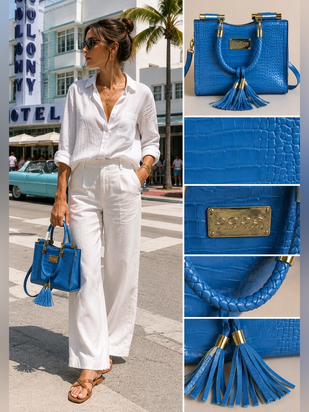 Bebe Blue Croc Mini Tote Bag Crossbody Gold Tassel Y2K Miami Chic 9x7